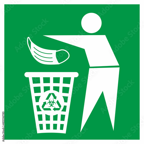 Warning sign, icon info. Disposing bin for used face masks, gloves, ppe only sticker. Coronavirus covid-19 healthcare safety measure. Vector element isolated on white background for shop, store.