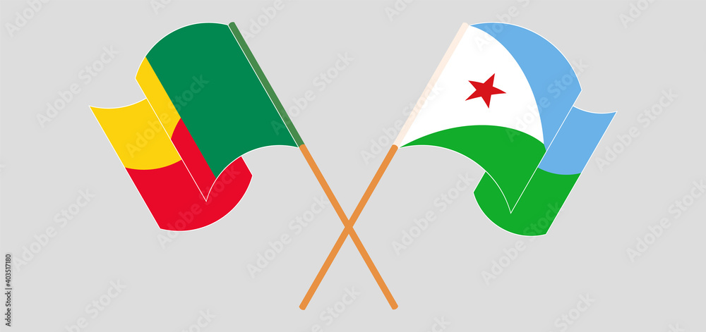 Crossed and waving flags of Djibouti and Benin Crossed and waving flags of Djibouti and Benin