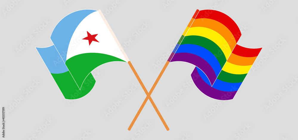 Crossed and waving flags of Djibouti and LGBTQ Crossed and waving flags of Djibouti and LGBTQ