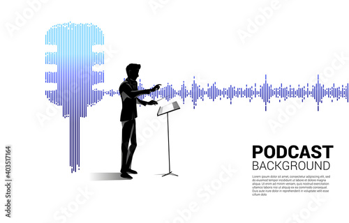 Vector silhouette of conductor with Sound wave microphone icon Equalizer background.Concept of Podcast and karaoke graphic theme