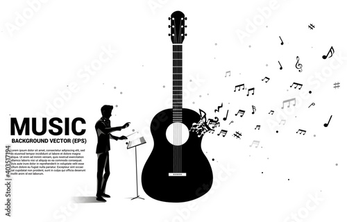 Vector silhouette of conductor with music melody note dancing flow shape guitar icon . Concept background for song and guitar concert theme.