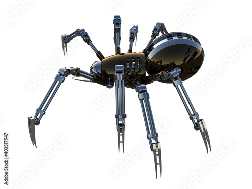 Mechanical spider Artificial intelligence. High resolution image isolated on white background. 3D rendering, 3D illustration.