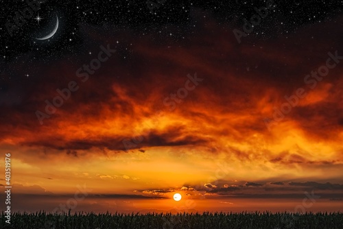 Obraz na płótnie young month in the sky, red sunset background w salonie