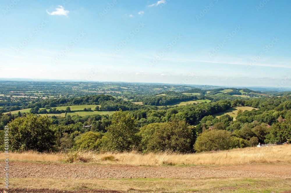Mountain range scenery on the Malvern hills of England.