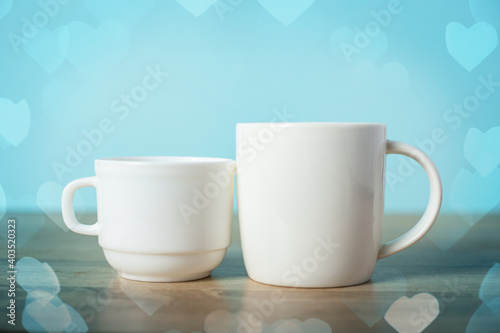 Festive composition for Valentine's Day from two mugs. Banner