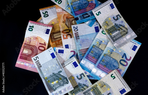 Money Euro value banknotes  European Union payment system  isolated on black
