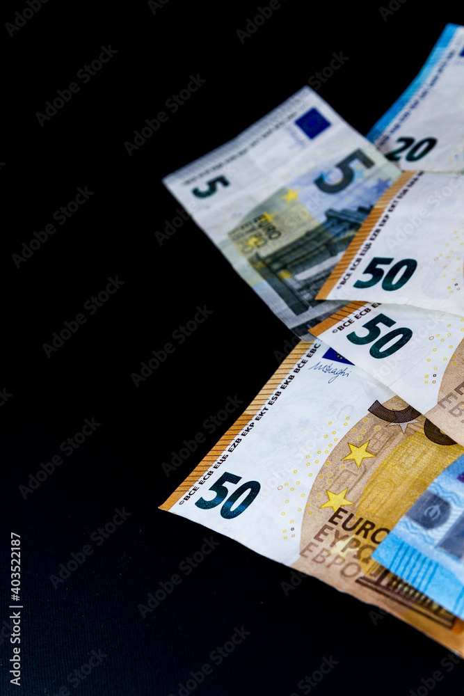 Money Euro value banknotes, European Union payment system, isolated on black Money Euro value banknotes, European Union payment system, isolated on black