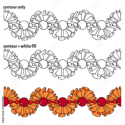 Set of hand drawn seamless border with ruffles, frills, pearls and beads in three versions. Decorative isolated endless vector illustration	