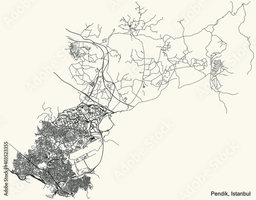 Black simple detailed street roads map on vintage beige background of the neighbourhood district Pendik of Istanbul, Turkey