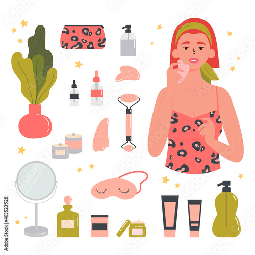 Woman with facial gua sha stone. Beauty routine. Face and body skin care concept. Attractive girl with various cosmetics and accessories for beauty. Hand drawn trendy colored illustration. 