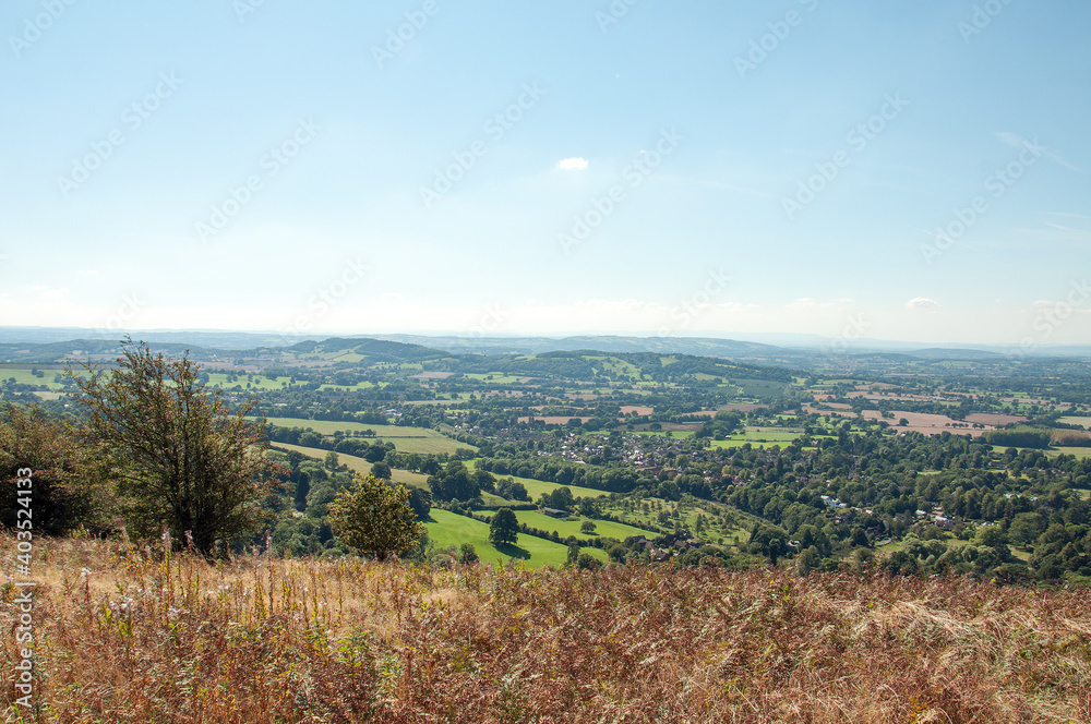 Summertime landscape in the Malvern hills of England.