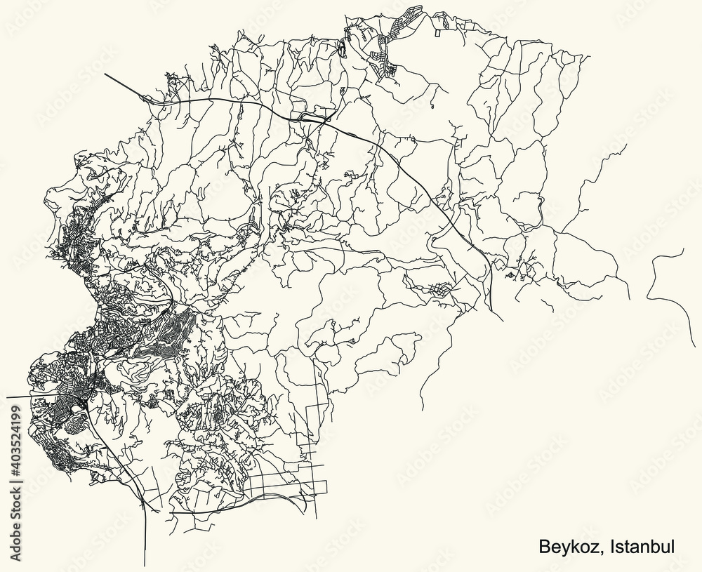 Obraz premium Black simple detailed street roads map on vintage beige background of the neighbourhood district Beykoz of Istanbul, Turkey