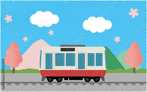 春、山沿いを走る電車のベクターイラスト