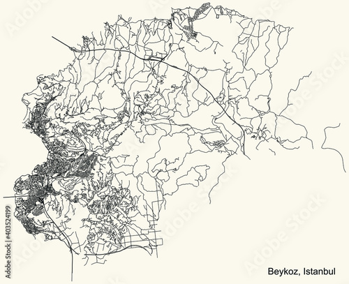 Black simple detailed street roads map on vintage beige background of the neighbourhood district Beykoz of Istanbul, Turkey