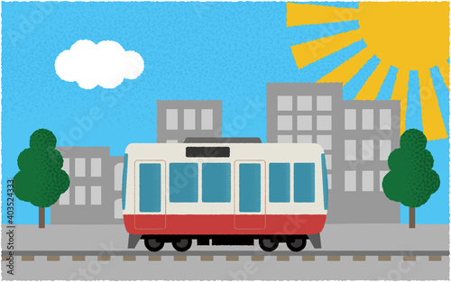 炎天下の都市を走る電車のベクターイラスト