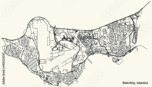 Black simple detailed street roads map on vintage beige background of the neighbourhood district Bakırköy of Istanbul, Turkey