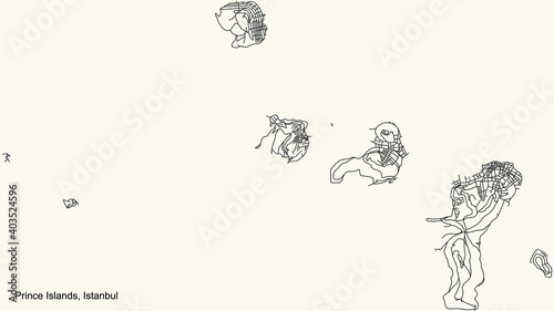 Black simple detailed street roads map on vintage beige background of the neighbourhood district Adalar (Prince Island) of Istanbul, Turkey