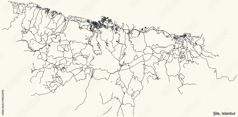 Black simple detailed street roads map on vintage beige background of the neighbourhood district Şile of Istanbul, Turkey