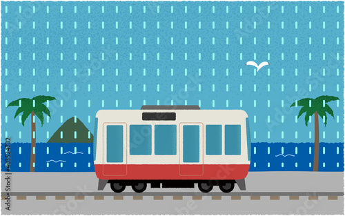 雨の中、海沿いを走る電車のベクターイラスト