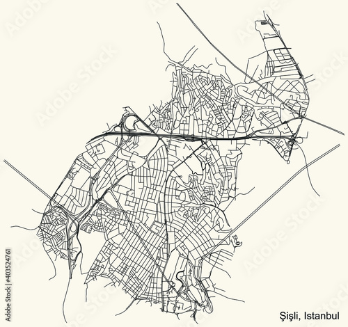 Black simple detailed street roads map on vintage beige background of the neighbourhood district Şişli of Istanbul, Turkey