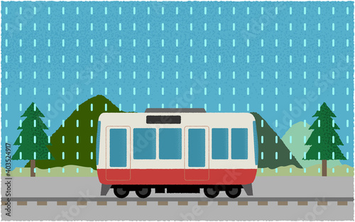 雨の中、山沿いを走る電車のベクターイラスト