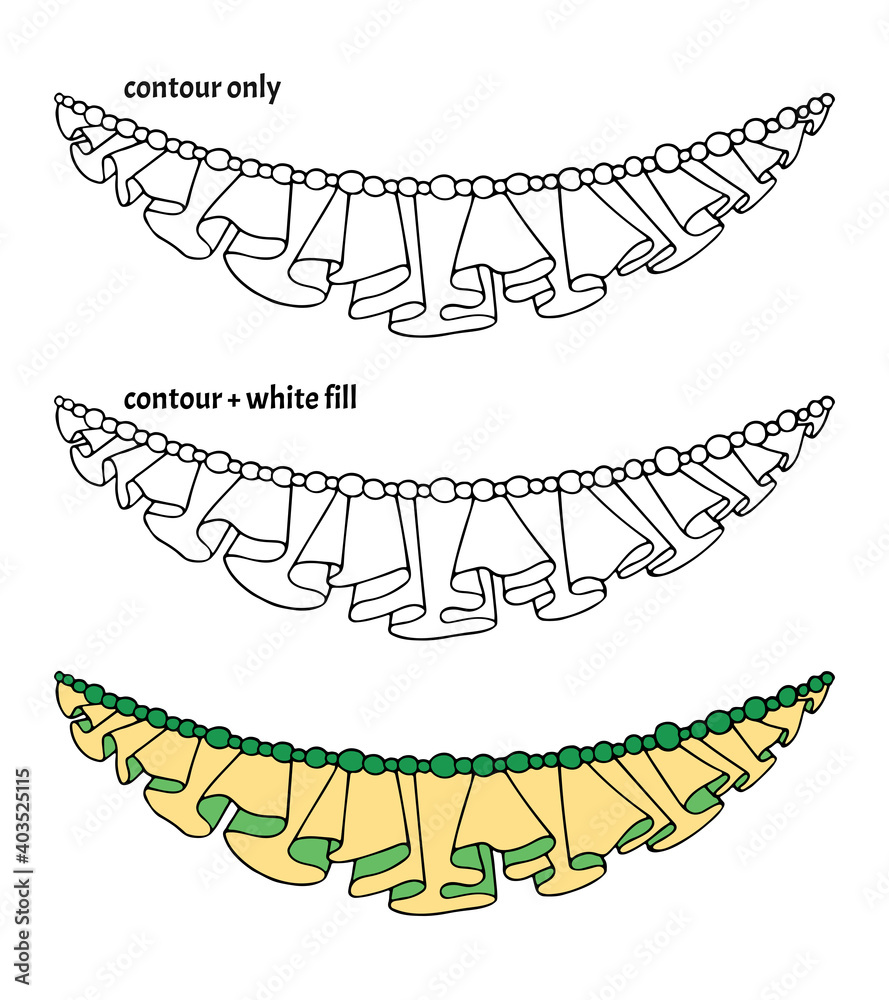 Obraz premium Set of hand drawn borders with textile ruches and beads in three versions. Decorative isolated flat cartoon vector illustration 