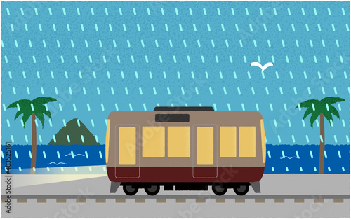豪雨の中、ライトを点けて海沿いを走る電車のベクターイラスト