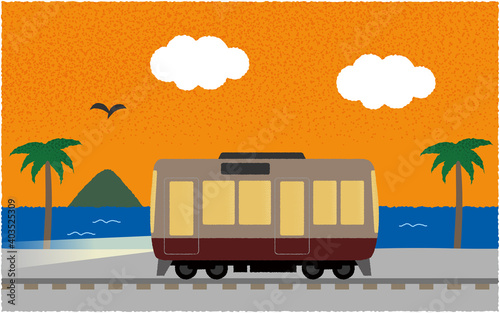 夕方、ライトを点けて海沿いを走る電車のベクターイラスト