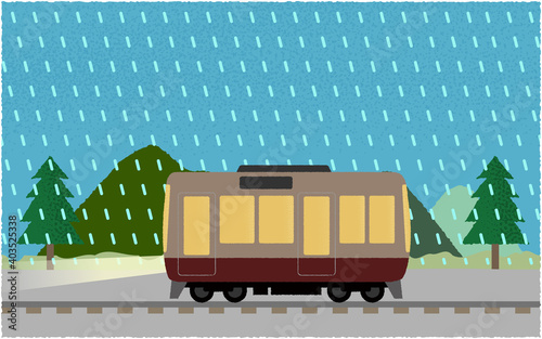豪雨の中、ライトを点けて山沿いを走る電車のベクターイラスト