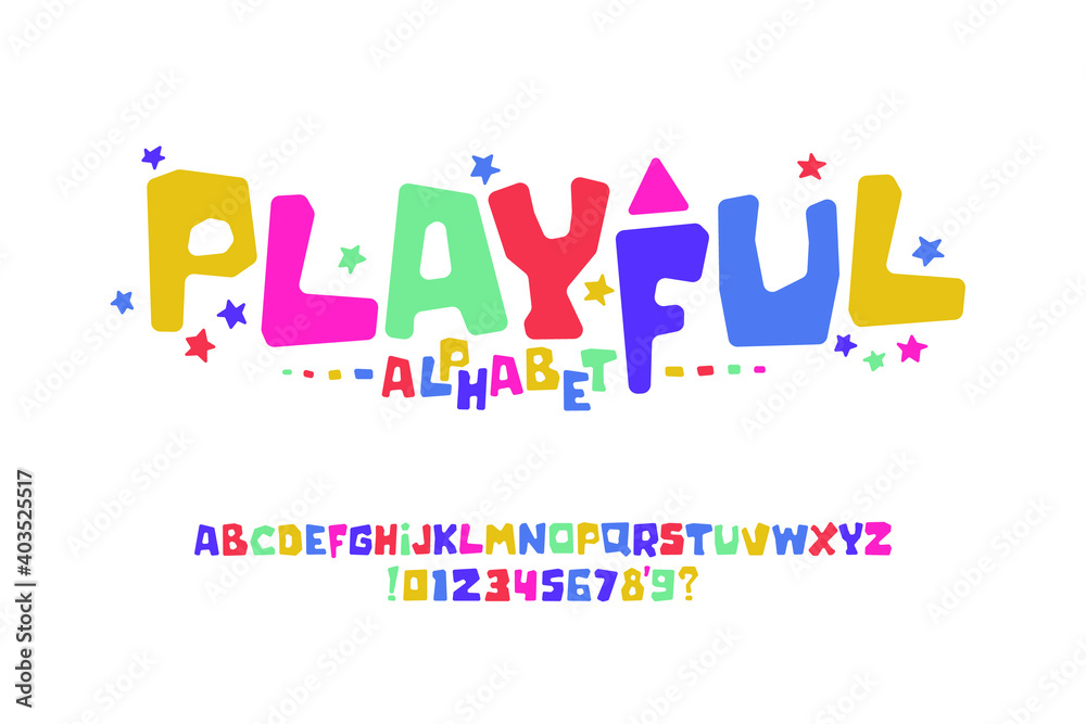 Vector of modern playful font design, childish alphabet letters and numbers. Vector of modern playful font design, childish alphabet letters and numbers.