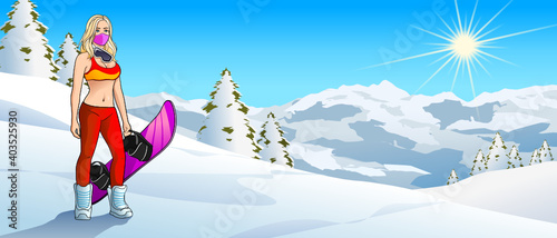 Beautiful young Woman with Breathing Mask and Snowboard in Mountain Environment Version 4