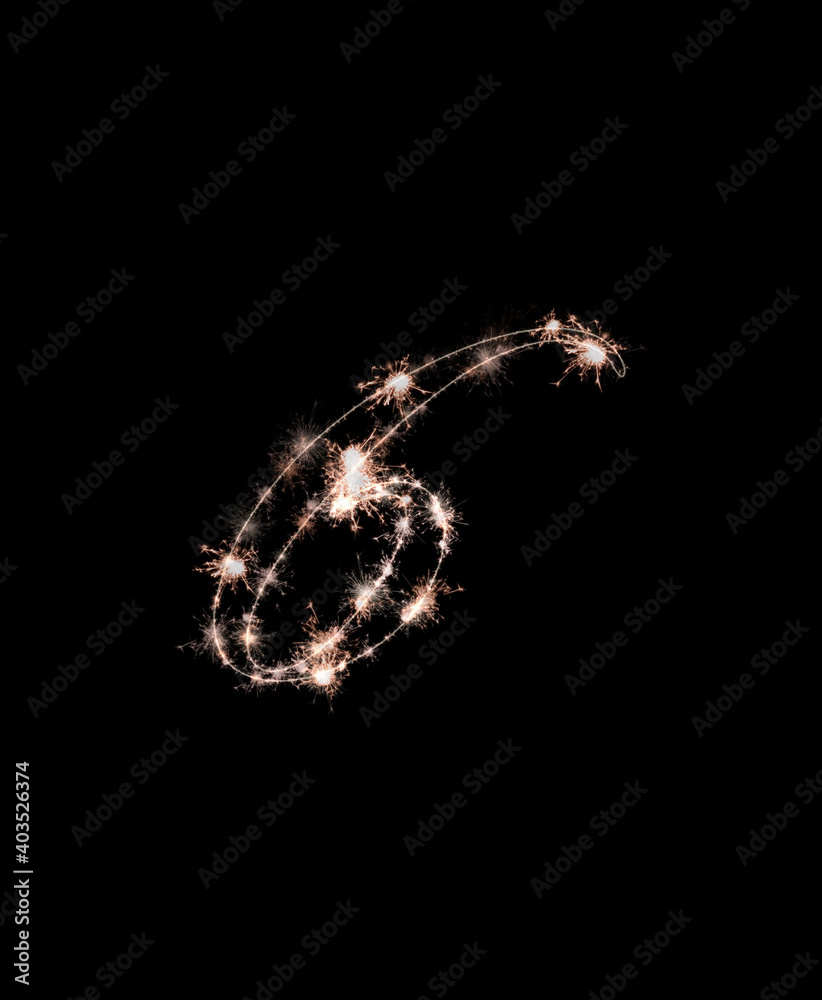 the digit 6 made from sparks of Bengal lights isolated on a black background. the digit 6 made from sparks of Bengal lights isolated on a black background.