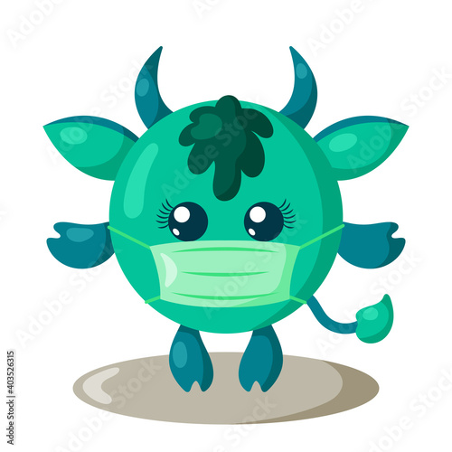 Funny cute kawaii bull with round body and protective medical face mask in flat design with shadows. Isolated vector illustration 