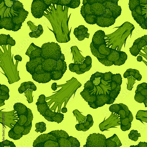 Juicy broccoli  fresh vegetable seamless pattern, isolated on light green.Vector hand drawn vegetable, sketch style texture