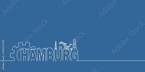 Gear with sea shipping and travel relative silhouettes.. Calligraphy inscription. Hamburg city name text. Thin line style