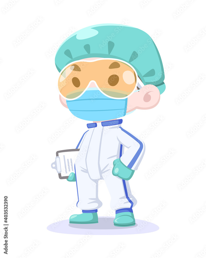 Cute cartoon style medical staff in protective suit and mask holding clipboard illustration

