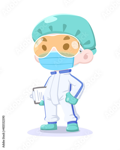 Cute cartoon style medical staff in protective suit and mask holding clipboard illustration

