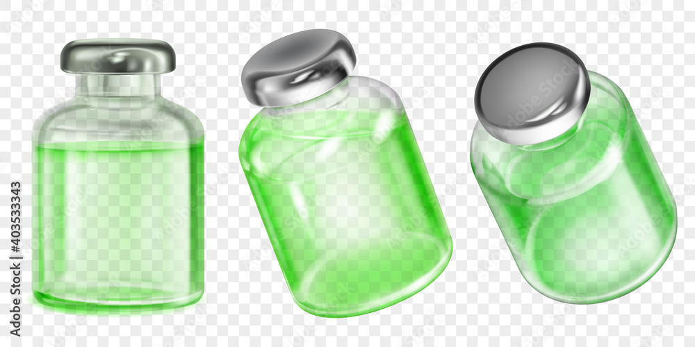 Set of realistic translucent coronavirus vaccine bottles with green liquid on transparent background Set of realistic translucent coronavirus vaccine bottles with green liquid on transparent background