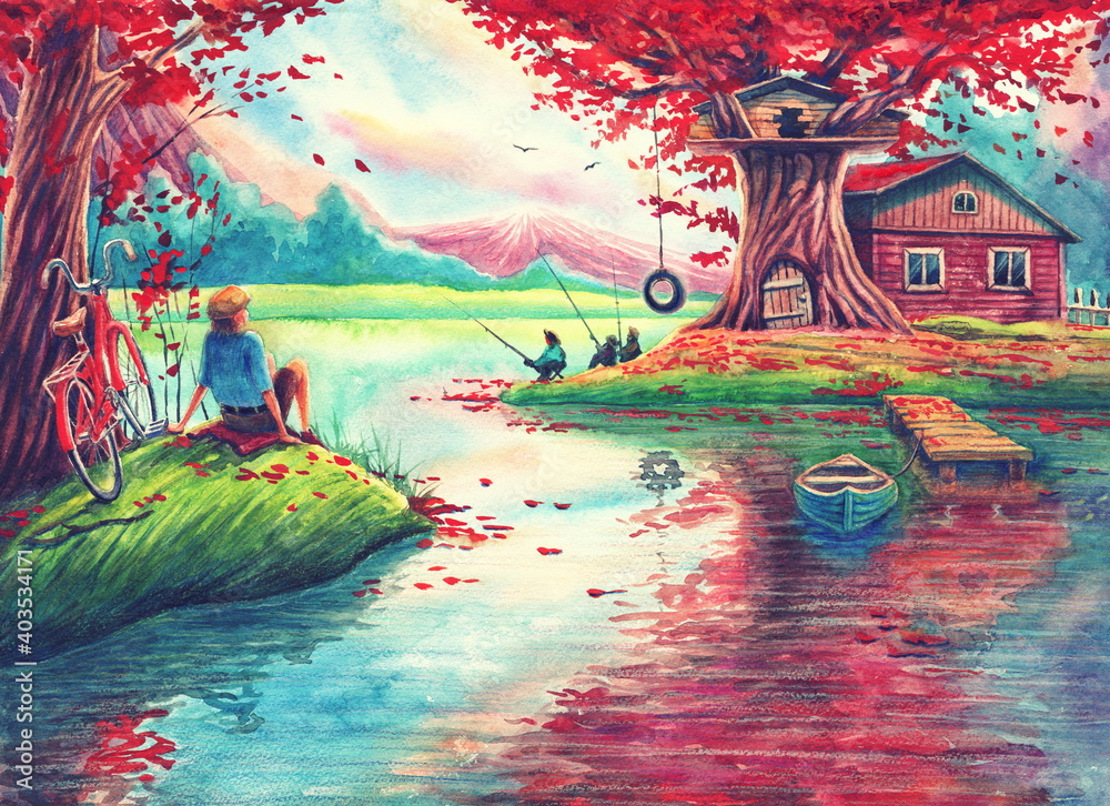 Watercolor fantasy landscape with autumn trees, lake, magic house, beautiful forest, hand drawn nature illustration painting with river water, fishing, outdoors relaxation art with nice colors.