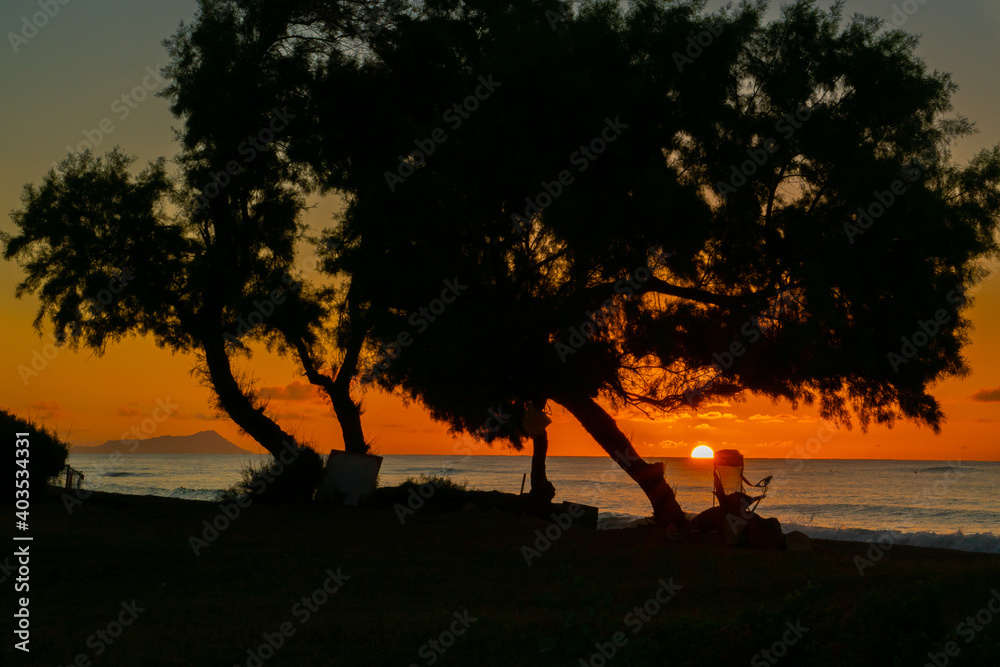 Boldly colorful Hawaiian seascapes during sunset and sunrise include surfers sailboats and fishermen in silhouette.