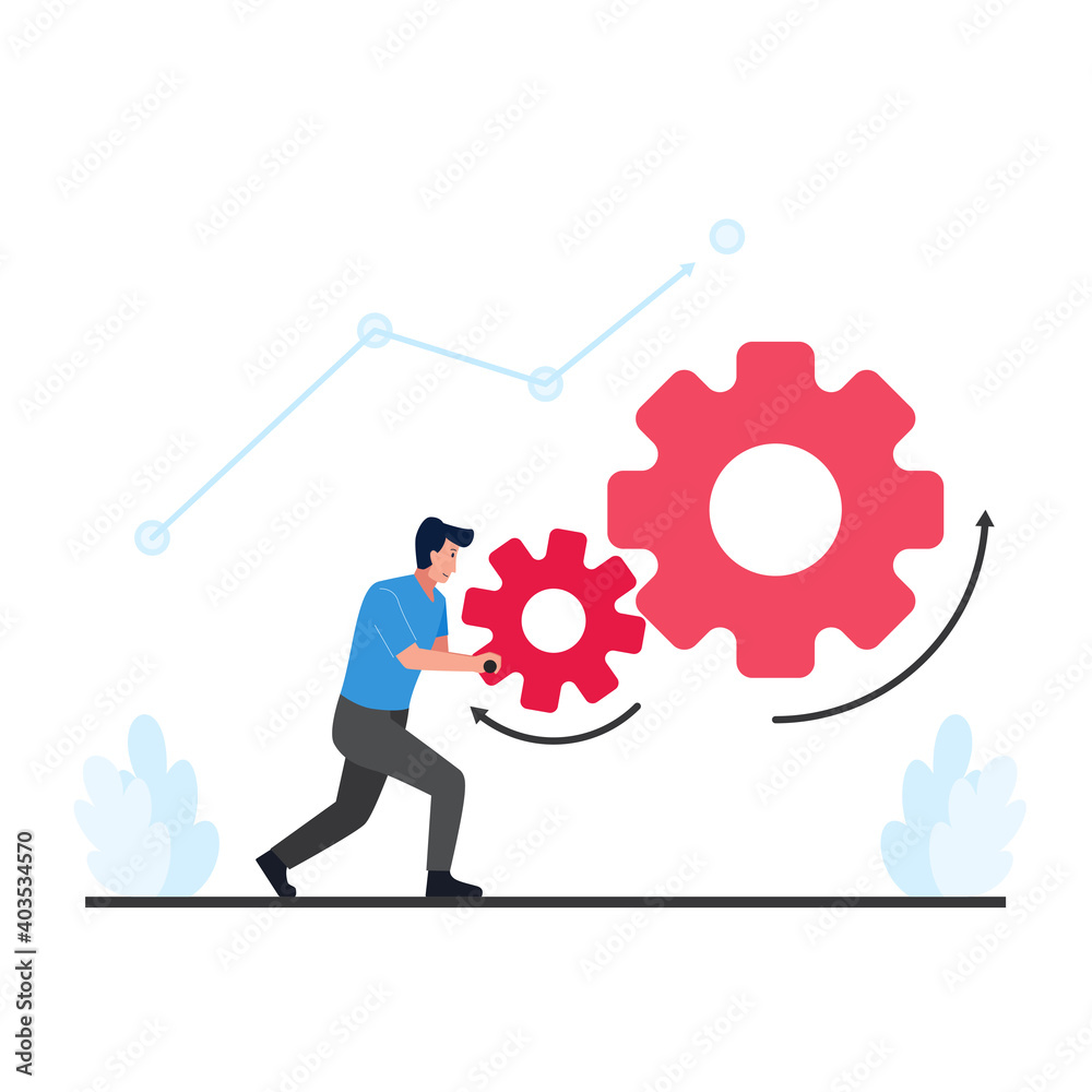 Man push the gear make it spin metaphor of work on process. Man push the gear make it spin metaphor of work on process.