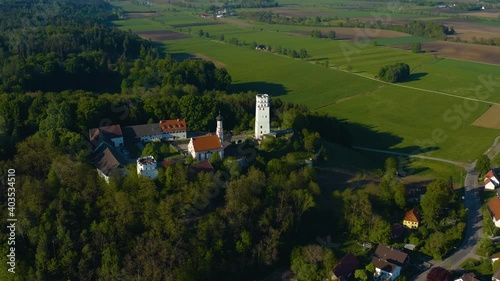 Aerial view of the village Markt and fugger monastery in Germany, Bavaria on a sunny late afternoon spring day photo