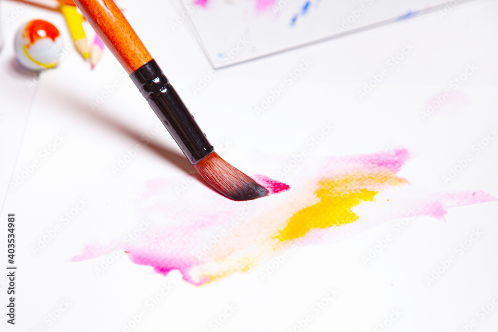 Fototapeta premium art workshop painting watercolor artwork. Colorful bright free time home activity concept with copy space