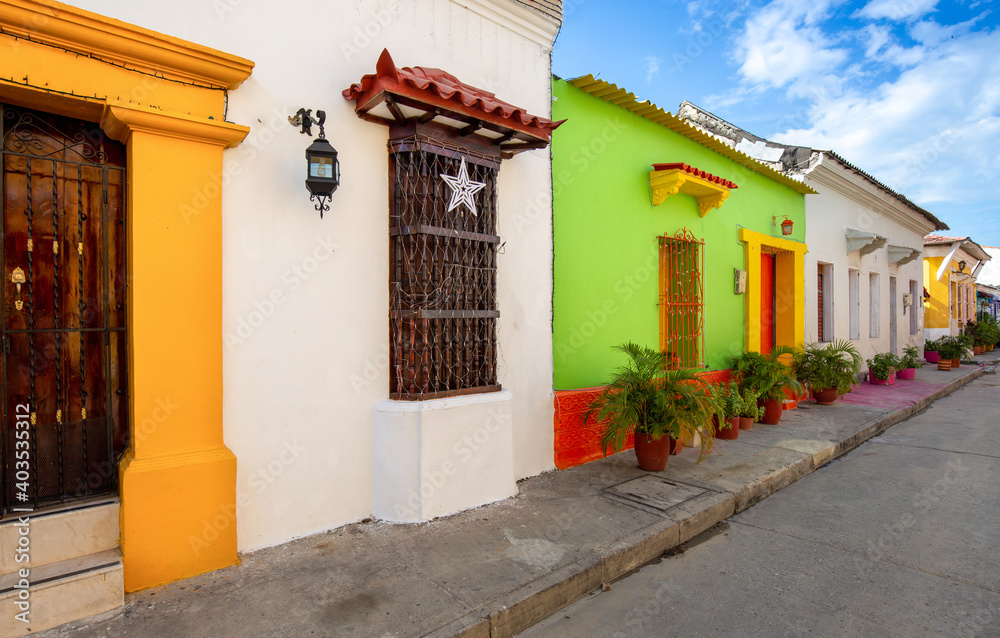 Colombia, Scenic colorful streets of Cartagena in historic Getsemani district near Walled City, Ciudad Amurallada.