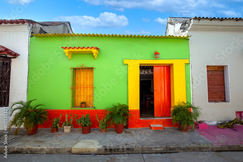 Colombia, Scenic colorful streets of Cartagena in historic Getsemani district near Walled City, Ciudad Amurallada. © eskystudio