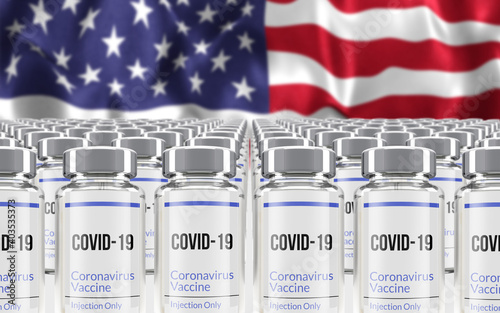 Rows of multiple Covid-19 vaccine ampules with USA flag in background. Mass production and inoculation concept. 3d rendering. photo