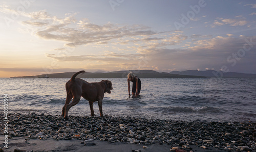 Fototapeta Naklejka Na Ścianę i Meble -  A woman playing at the beach with the dogs.