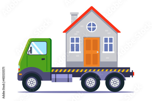 transportation of a building by truck on a white background. flat vector illustration.