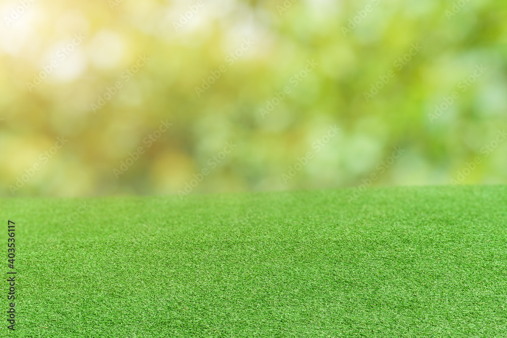 Naklejka premium Green grass field over bokeh nature background.