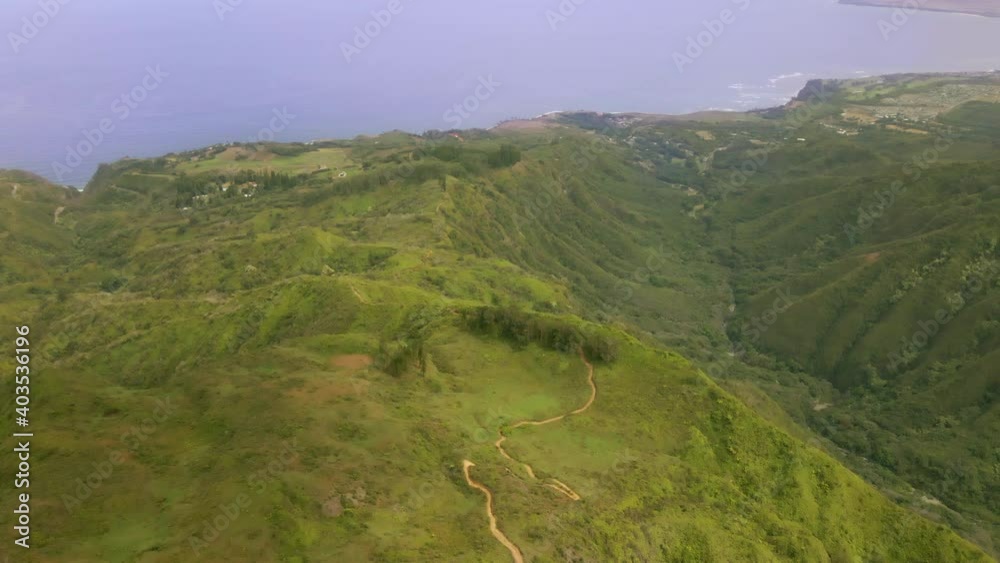 Waihee Ridge Trail on Maui, secluded mountain hiking path, aerial panorama Waihee Ridge Trail on Maui, secluded mountain hiking path, aerial panorama